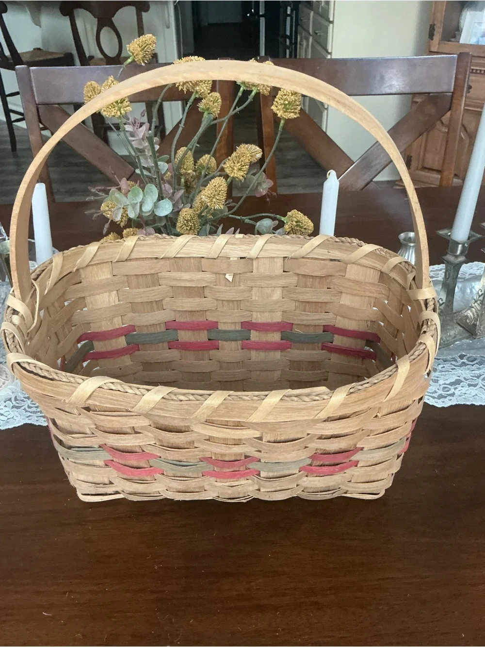 Vintage Woven Splint Market Gathering Basket Dyed Red Green Band Farmhouse Decor